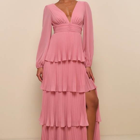 Lulus Graceful Finesse Dusty Rose Pleated Long Sleeve Maxi Dress Pink - Size XS - Picture 1 of 2